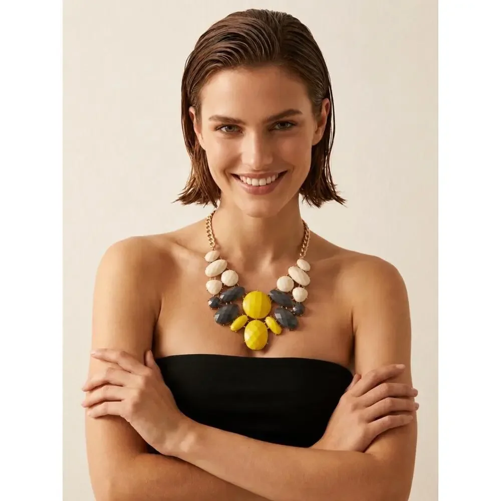 Charming Charlie Yellow Gray & Ivory Statement Bib Necklace Gold Tone
